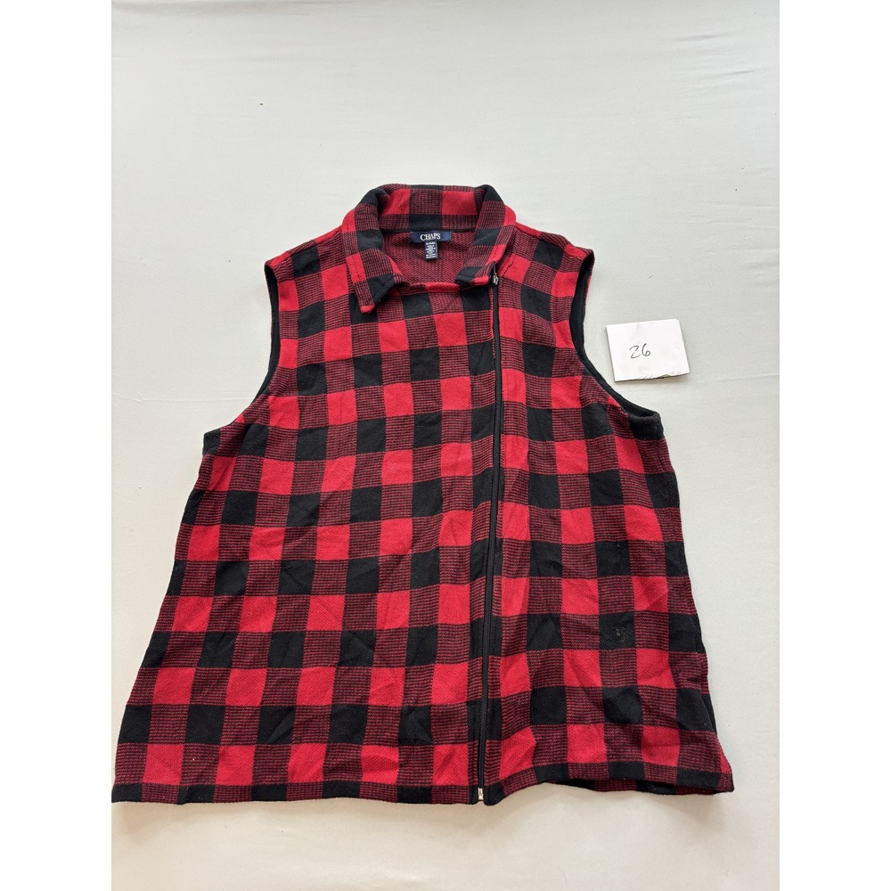 CHAPS Womens XL Red Black Buffalo Plaid Full Zip Collared Knit‎ Vest